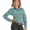 Panhandle Girls' Teal Paisley Print Long Sleeve Western Shirt  Turquoise -Panhandle shop 2000338866 440 P1