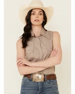 Rough Stock By Panhandle Women's Tile Geo Print Sleevelees Snap Western Core Shirt  Tan -Panhandle shop 2000339288 280 P1 1