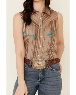 Panhandle Women's Retro Textured Stripe Sleeveless Snap Western Core Shirt  Brown -Panhandle shop 2000339289 200 P3