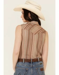 Panhandle Women's Retro Textured Stripe Sleeveless Snap Western Core Shirt  Brown -Panhandle shop 2000339289 200 P4