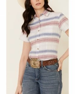 Rough Stock By Panhandle Women's Multi Stripe Short Sleeve Button-Down Western Core Shirt  Red/white/blue -Panhandle shop 2000339298 942 P3
