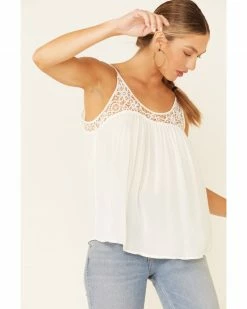 Panhandle Women's White Crochet Yoke Crinkle Inset Cami 