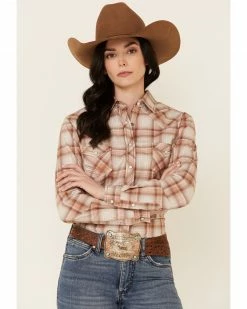 Rough Stock By Panhandle Women's Brown Ombre Plaid Long Sleeve Snap Western Core Shirt 