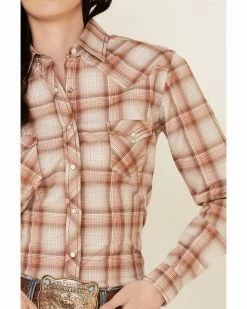 Rough Stock By Panhandle Women's Brown Ombre Plaid Long Sleeve Snap Western Core Shirt  -Panhandle shop 2000339308 200 P3