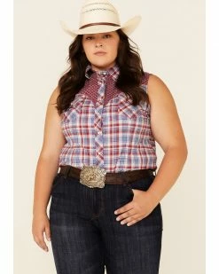 Rough Stock By Panhandle Women's Multi Plaid Contrast Yoke Sleeveless Snap Western Core Shirt - Plus Red/white/blue
