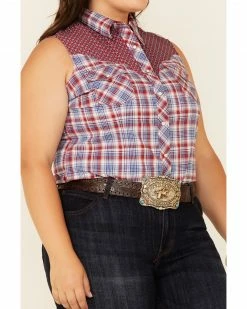 Rough Stock By Panhandle Women's Multi Plaid Contrast Yoke Sleeveless Snap Western Core Shirt - Plus Red/white/blue -Panhandle shop 2000339317 942 P3
