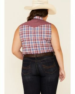 Rough Stock By Panhandle Women's Multi Plaid Contrast Yoke Sleeveless Snap Western Core Shirt - Plus Red/white/blue -Panhandle shop 2000339317 942 P4