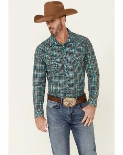 Panhandle Rock & Roll Denim Men's Gingham Check Plaid Long Sleeve Snap Western Shirt Brown