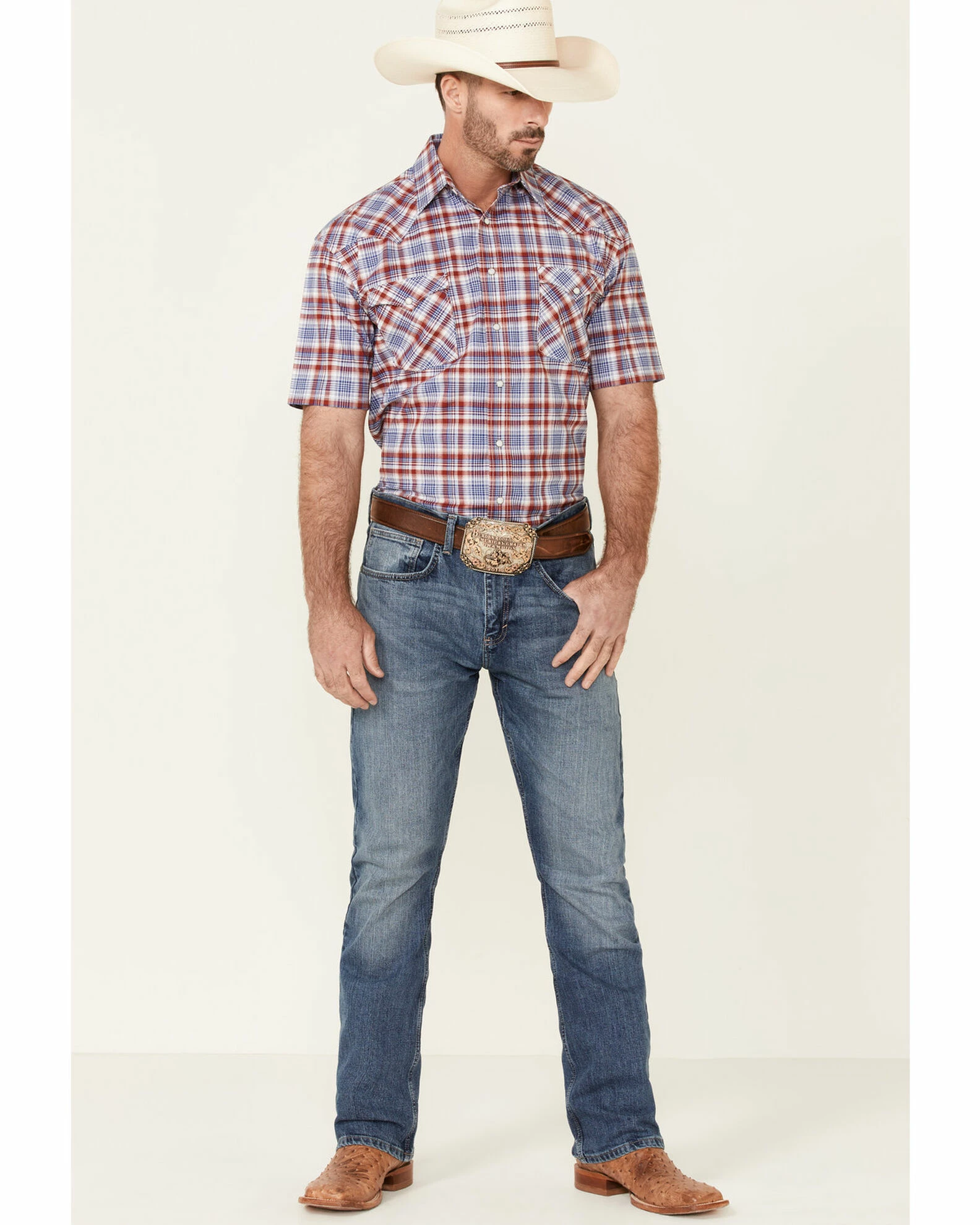 Rough Stock By Panhandle Men's Red Ombre Plaid Short Sleeve Snap Western Shirt 4 Rough Stock By Panhandle Men's Red Ombre Plaid Short Sleeve Snap Western Shirt - Image 2