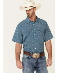 Panhandle Men's Performance Arrow Geo Print Short Sleeve Button-Down Western Shirt Blue