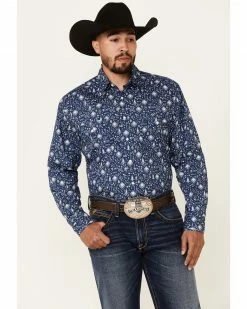 Rough Stock By Panhandle Men's Navy Southwestern Geo Print Short Sleeve Snap Western Shirt