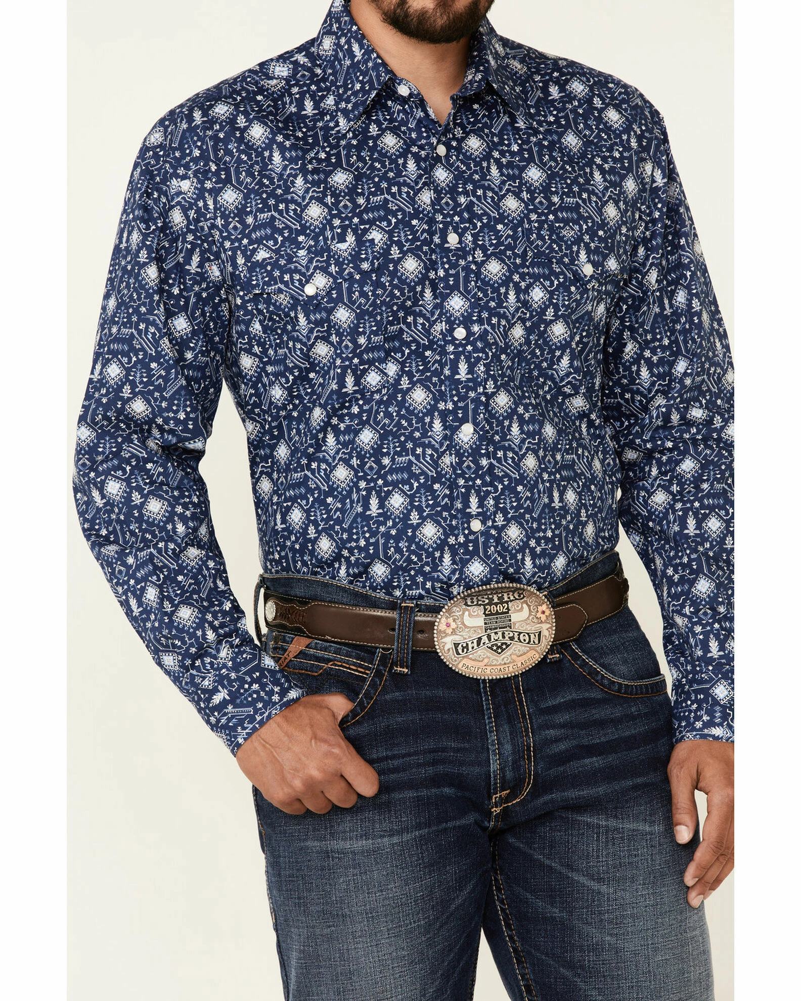 Rough Stock By Panhandle Men's Navy Southwestern Geo Print Short Sleeve Snap Western Shirt 5 Rough Stock By Panhandle Men's Navy Southwestern Geo Print Short Sleeve Snap Western Shirt - Image 3