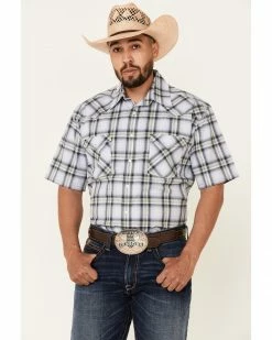 Rough Stock By Panhandle Men's Large Dobby Plaid Short Sleeve Snap Western Shirt  Blue -Panhandle shop 2000341180 400 P1 1
