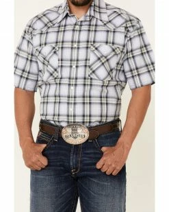 Rough Stock By Panhandle Men's Large Dobby Plaid Short Sleeve Snap Western Shirt  Blue -Panhandle shop 2000341180 400 P3