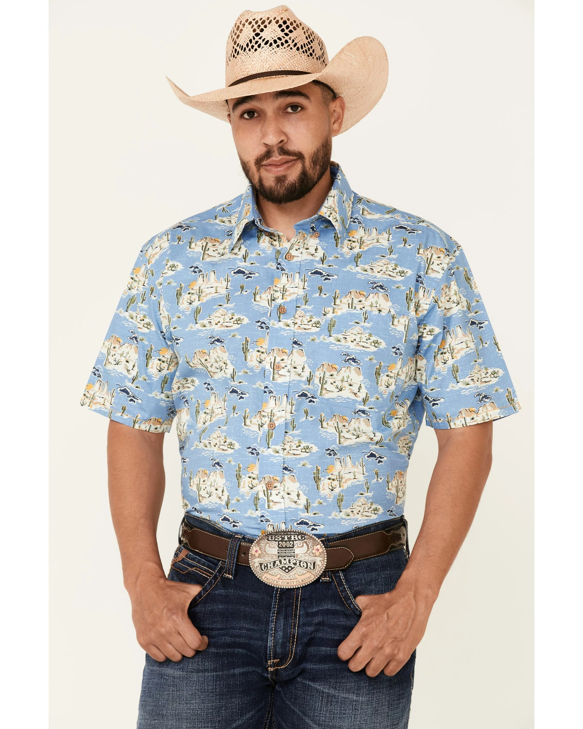 Rough Stock By Panhandle Men's Desert Print Short Sleeve Button-Down Western Shirt Blue 7 Rough Stock By Panhandle Men's Desert Print Short Sleeve Button-Down Western Shirt Blue - Image 5