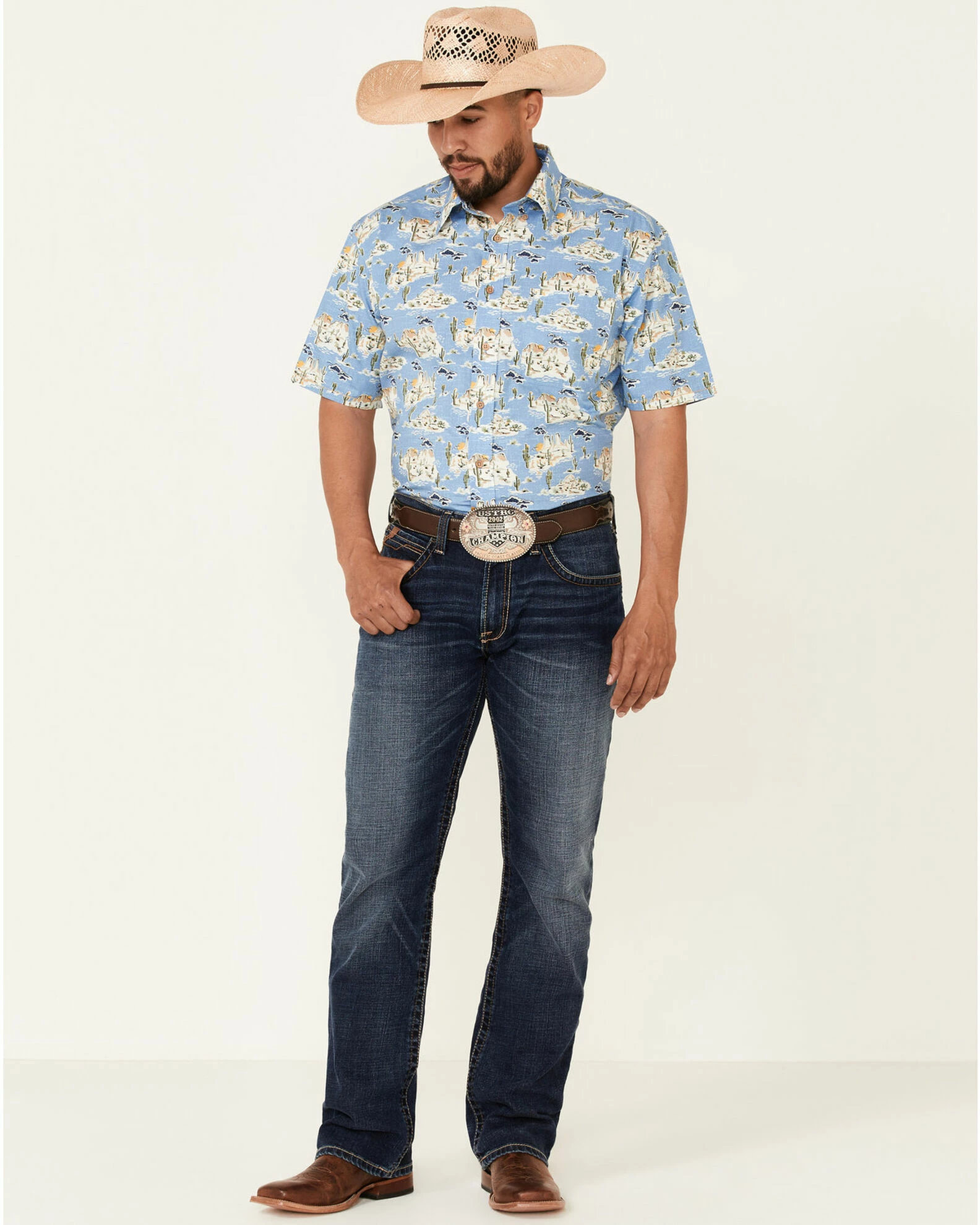 Rough Stock By Panhandle Men's Desert Print Short Sleeve Button-Down Western Shirt Blue 4 Rough Stock By Panhandle Men's Desert Print Short Sleeve Button-Down Western Shirt Blue - Image 2