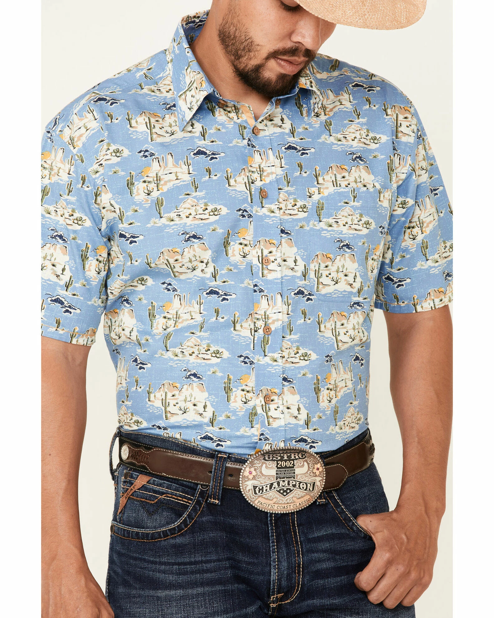 Rough Stock By Panhandle Men's Desert Print Short Sleeve Button-Down Western Shirt Blue 5 Rough Stock By Panhandle Men's Desert Print Short Sleeve Button-Down Western Shirt Blue - Image 3