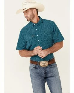 Panhandle Men's Turquoise Performance Geo Print Short Sleeve Button-Down Western Shirt  -Panhandle shop 2000341185 440 P1 1