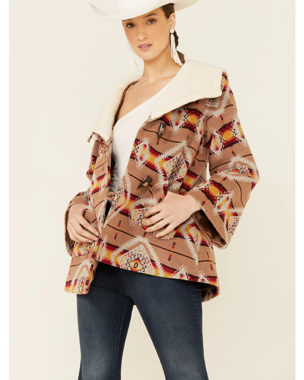 Panhandle Women's Tan Southwestern Jacquard Cape Coat 7 Panhandle Women's Tan Southwestern Jacquard Cape Coat - Image 5