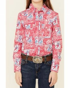 Panhandle Girls' Hot Pink Rodeo Poster Print Long Sleeve Snap Western Shirt  -Panhandle shop 2000344558 690 P3