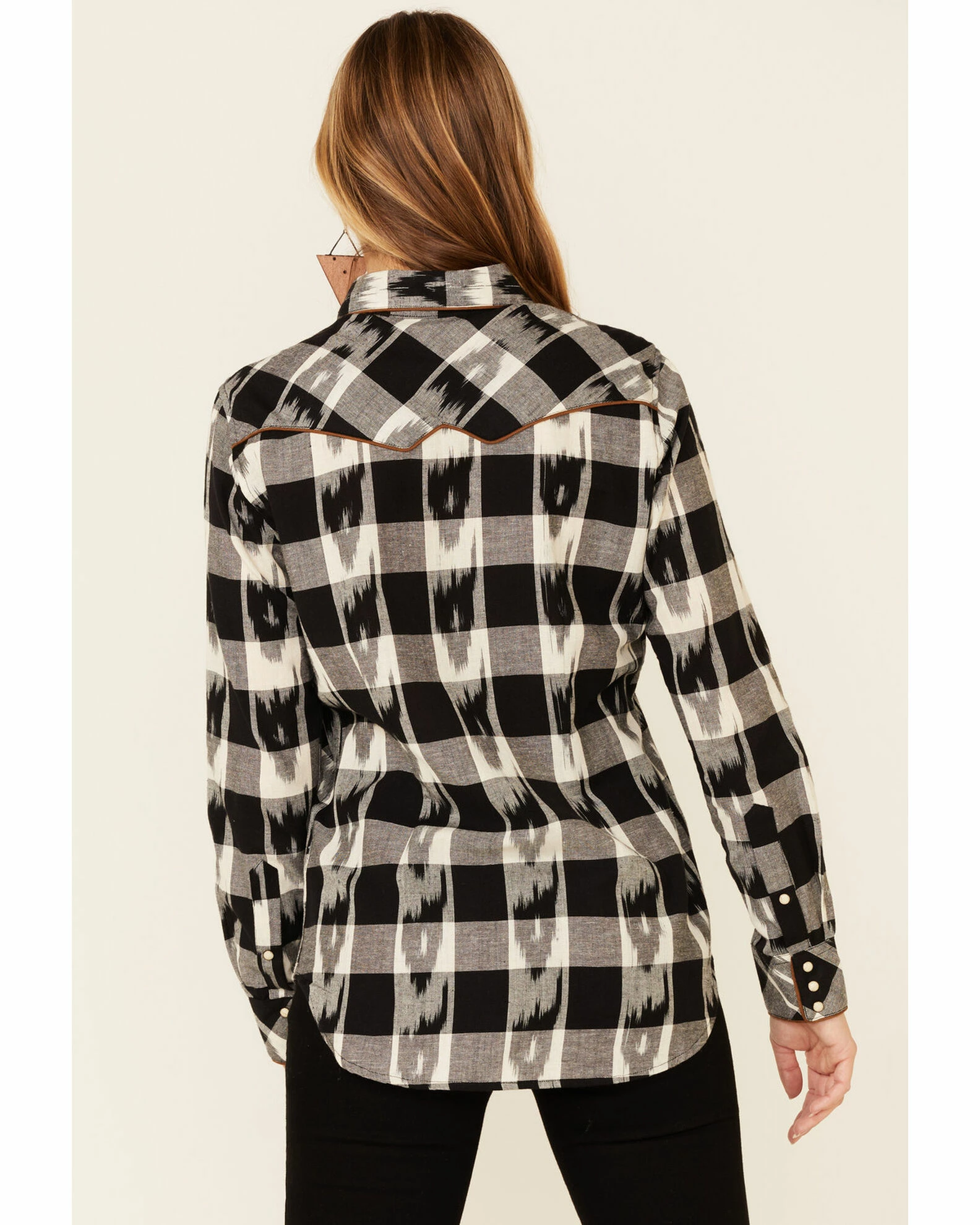 Panhandle Women's Buffalo Ikat Plaid Long Sleeve Snap Western Core Shirt Black 6 Panhandle Women's Buffalo Ikat Plaid Long Sleeve Snap Western Core Shirt Black - Image 4