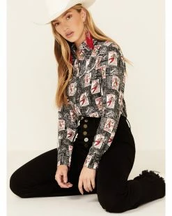 Panhandle Women's Rodeo Poster Retro Print Long Sleeve Snap Western Shirt  Black