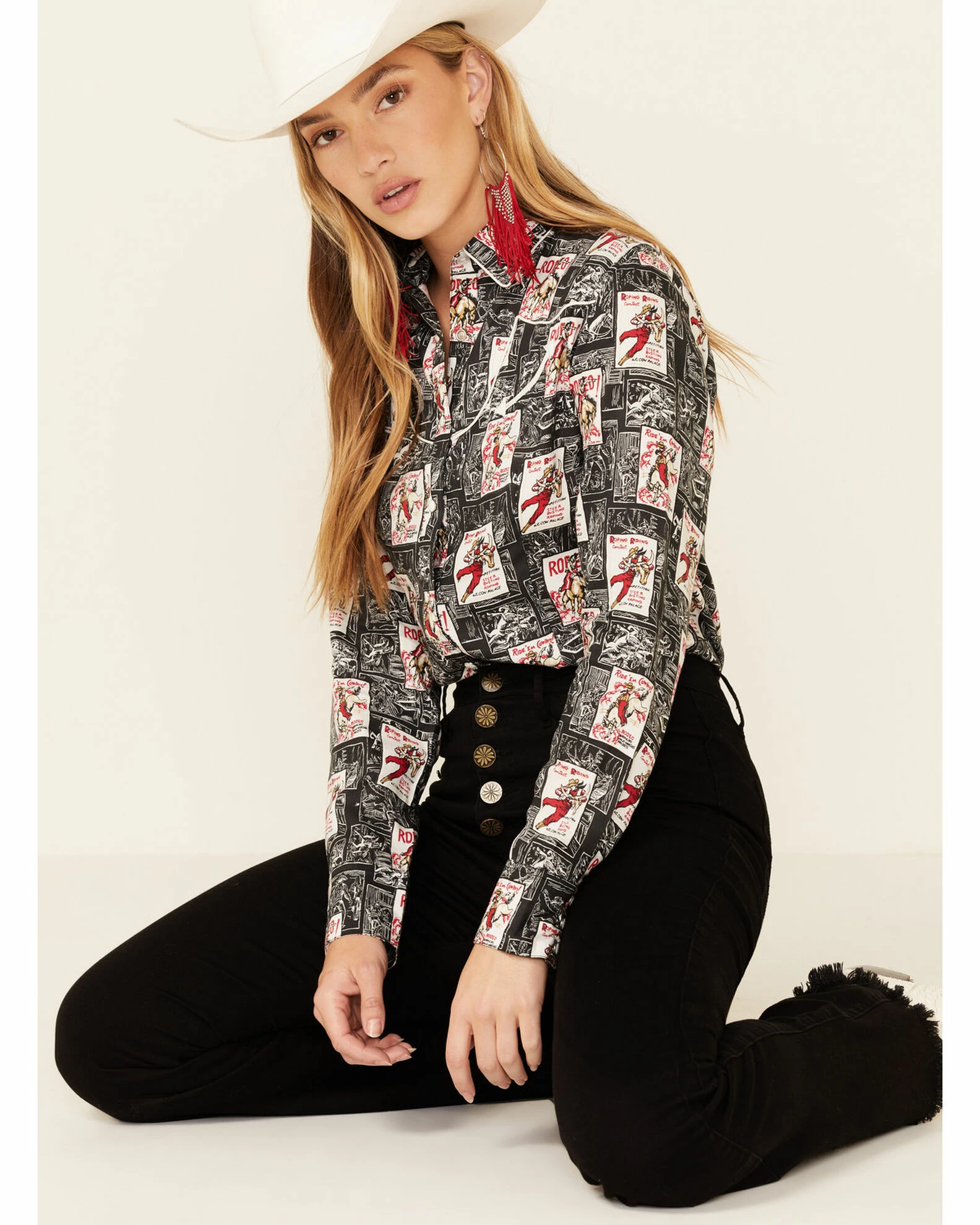 Panhandle Women's Rodeo Poster Retro Print Long Sleeve Snap Western Shirt Black 3 Panhandle Women's Rodeo Poster Retro Print Long Sleeve Snap Western Shirt Black