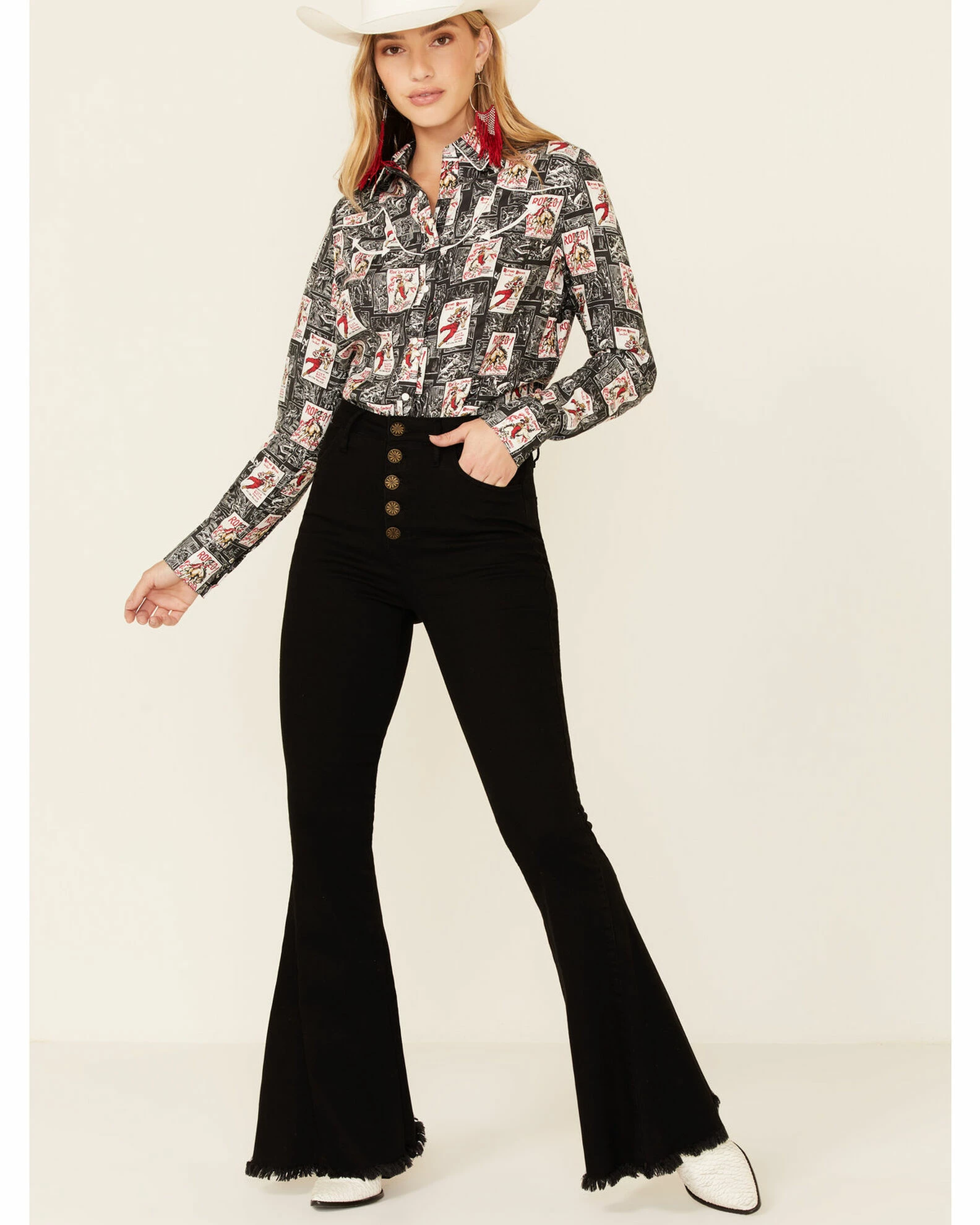 Panhandle Women's Rodeo Poster Retro Print Long Sleeve Snap Western Shirt Black 4 Panhandle Women's Rodeo Poster Retro Print Long Sleeve Snap Western Shirt Black - Image 2