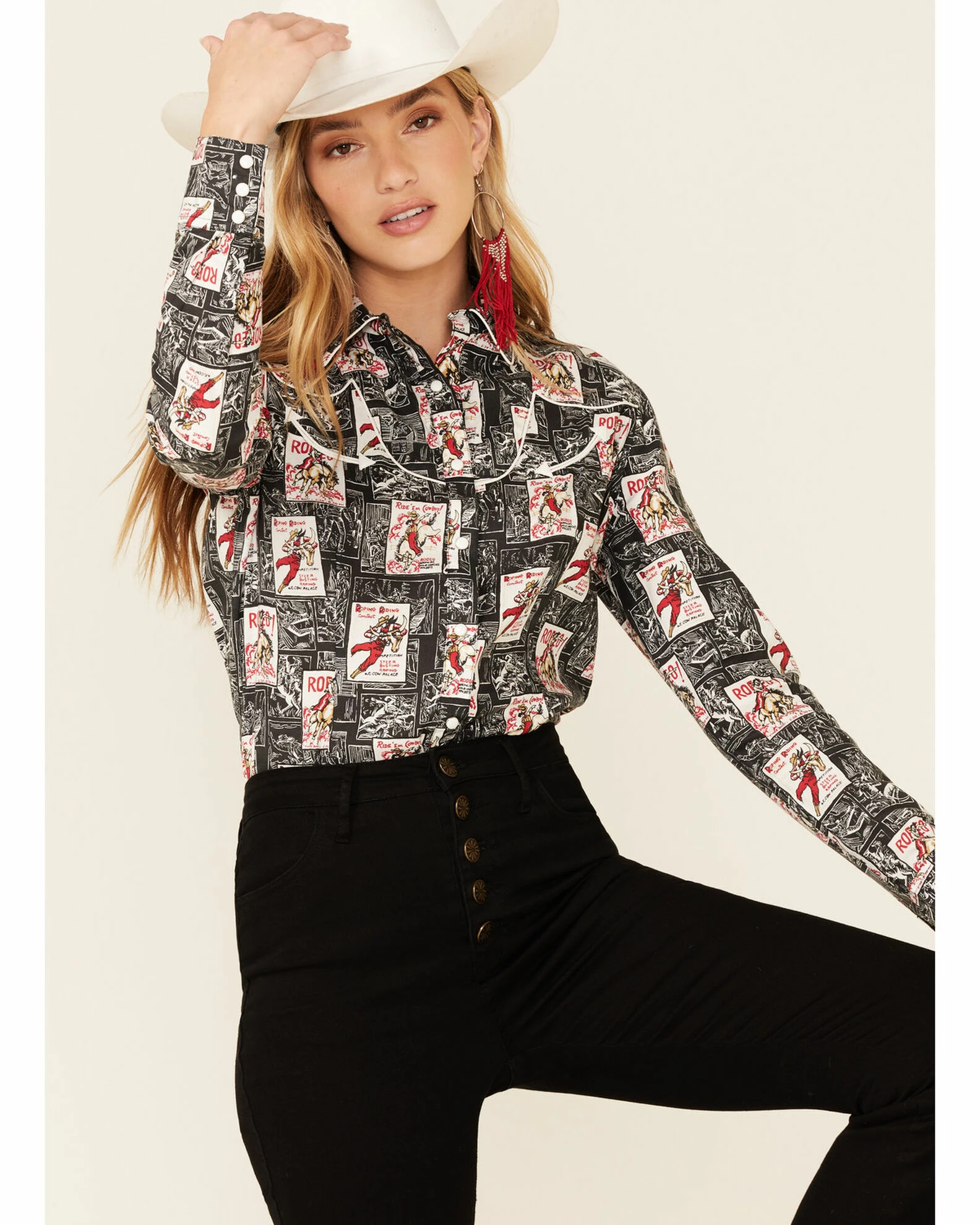 Panhandle Women's Rodeo Poster Retro Print Long Sleeve Snap Western Shirt Black 5 Panhandle Women's Rodeo Poster Retro Print Long Sleeve Snap Western Shirt Black - Image 3