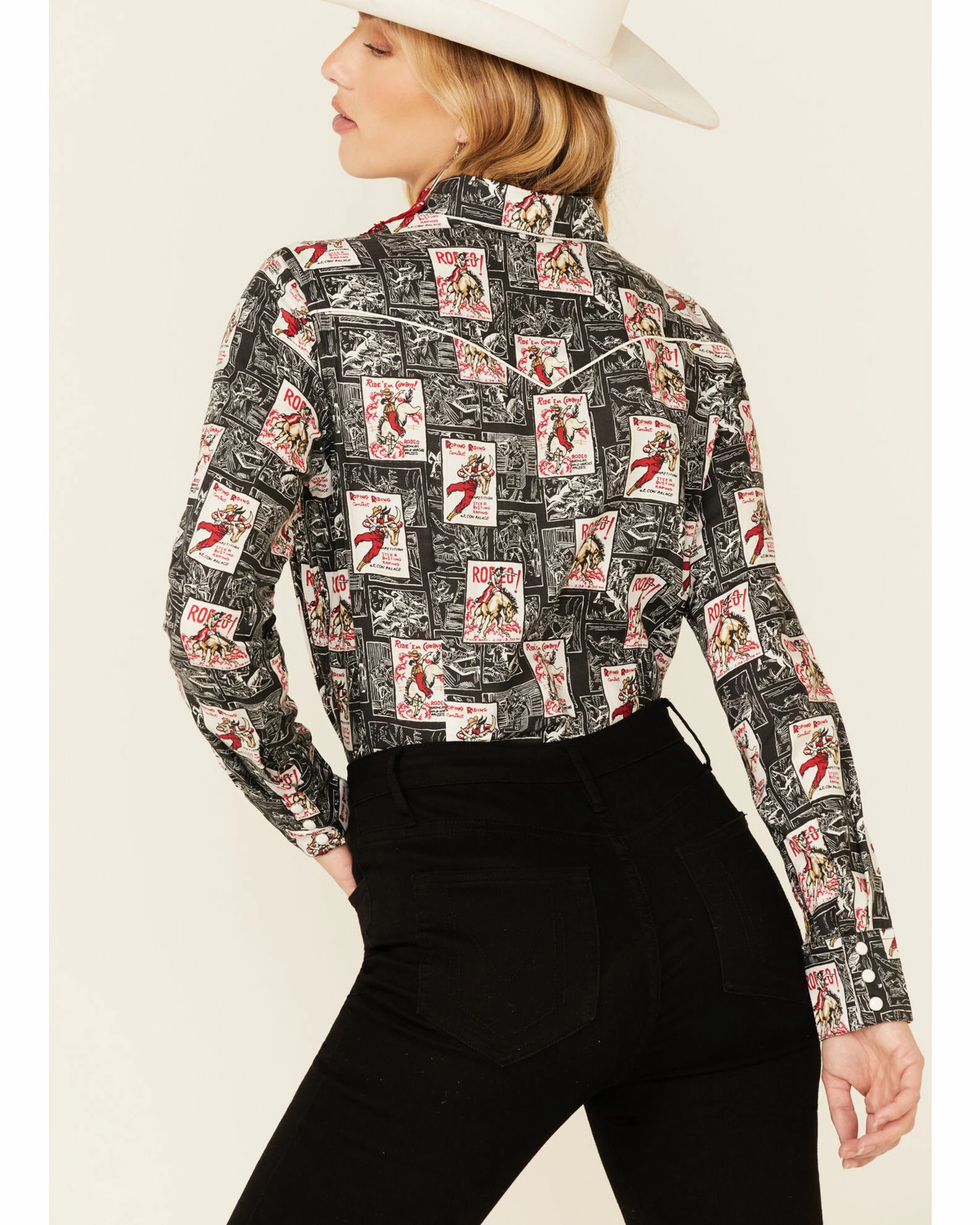Panhandle Women's Rodeo Poster Retro Print Long Sleeve Snap Western Shirt Black 6 Panhandle Women's Rodeo Poster Retro Print Long Sleeve Snap Western Shirt Black - Image 4