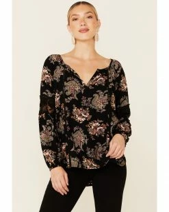 Panhandle Women's Black Paisley Print Long Sleeve Peasant Top   -Panhandle shop 2000344963 001 P1 1