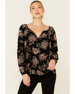 Panhandle Women's Black Paisley Print Long Sleeve Peasant Top  