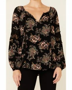 Panhandle Women's Black Paisley Print Long Sleeve Peasant Top   -Panhandle shop 2000344963 001 P3