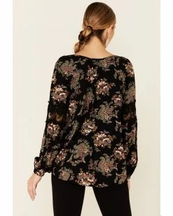 Panhandle Women's Black Paisley Print Long Sleeve Peasant Top   -Panhandle shop 2000344963 001 P4
