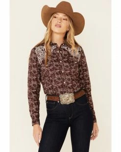 Rough Stock By Panhandle Women's Wine Floral Print Lace Yoke Long Sleeve Snap Western Core Shirt  Burgundy -Panhandle shop 2000344964 640 P1 1