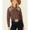 Rough Stock By Panhandle Women's Wine Floral Print Lace Yoke Long Sleeve Snap Western Core Shirt  Burgundy -Panhandle shop 2000344964 640 P1