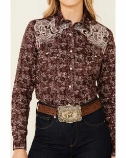 Rough Stock By Panhandle Women's Wine Floral Print Lace Yoke Long Sleeve Snap Western Core Shirt  Burgundy -Panhandle shop 2000344964 640 P3