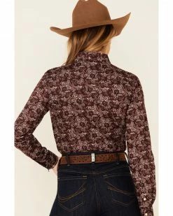 Rough Stock By Panhandle Women's Wine Floral Print Lace Yoke Long Sleeve Snap Western Core Shirt  Burgundy -Panhandle shop 2000344964 640 P4