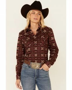 Rough Stock By Panhandle Women's Rust Copper Southwestern Print Long Sleeve Snap Western Core Shirt 