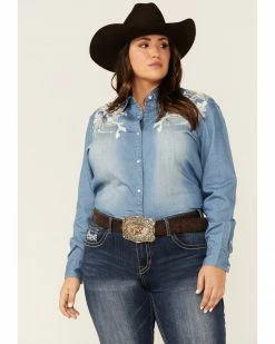 Panhandle Women's Long Sleeve Floral Embroidered Denim Shirt Blue -Panhandle shop 2000344999 400 P1 1