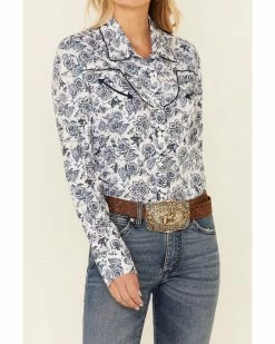 Panhandle Women's Floral Print Long Sleeve Snap Western Core Shirt  Blue -Panhandle shop 2000345000 400 P3