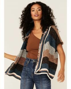 Panhandle Women's Brown Multi Stripe Knit Hoodie Kimono Coffee