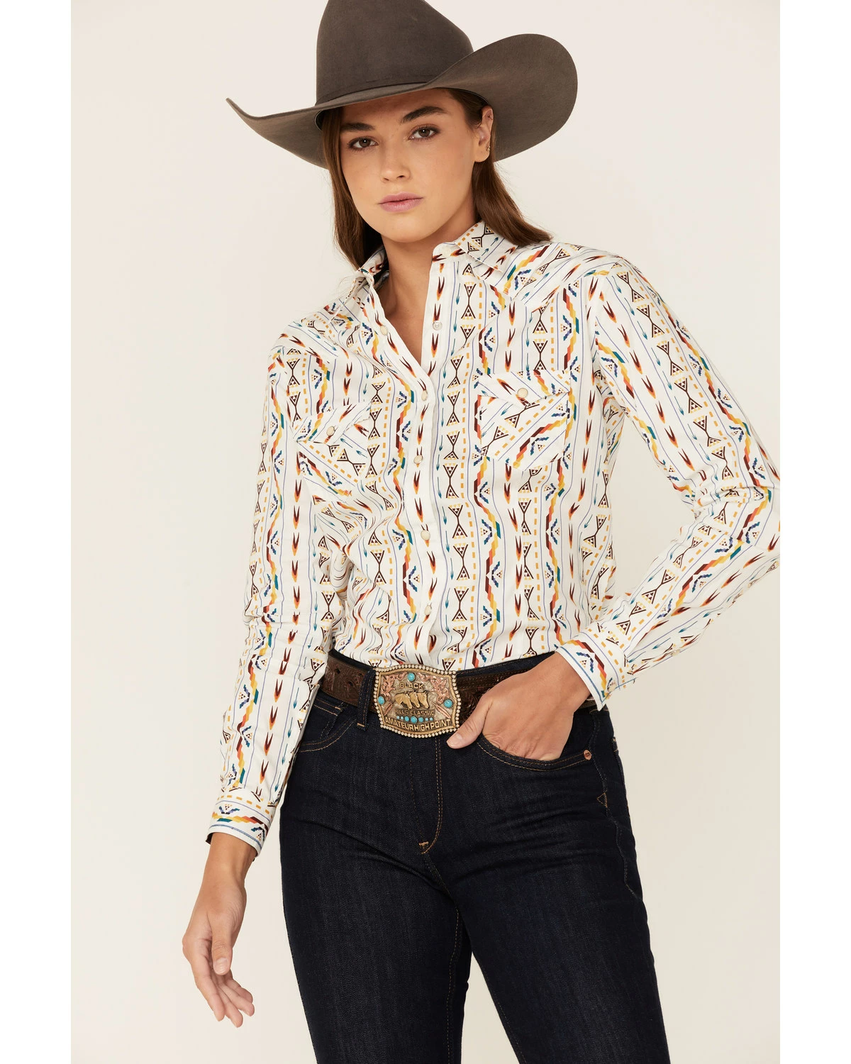 Panhandle Women's White Rainbow Woven Southwestern Snap Shirt 7 Panhandle Women's White Rainbow Woven Southwestern Snap Shirt - Image 5