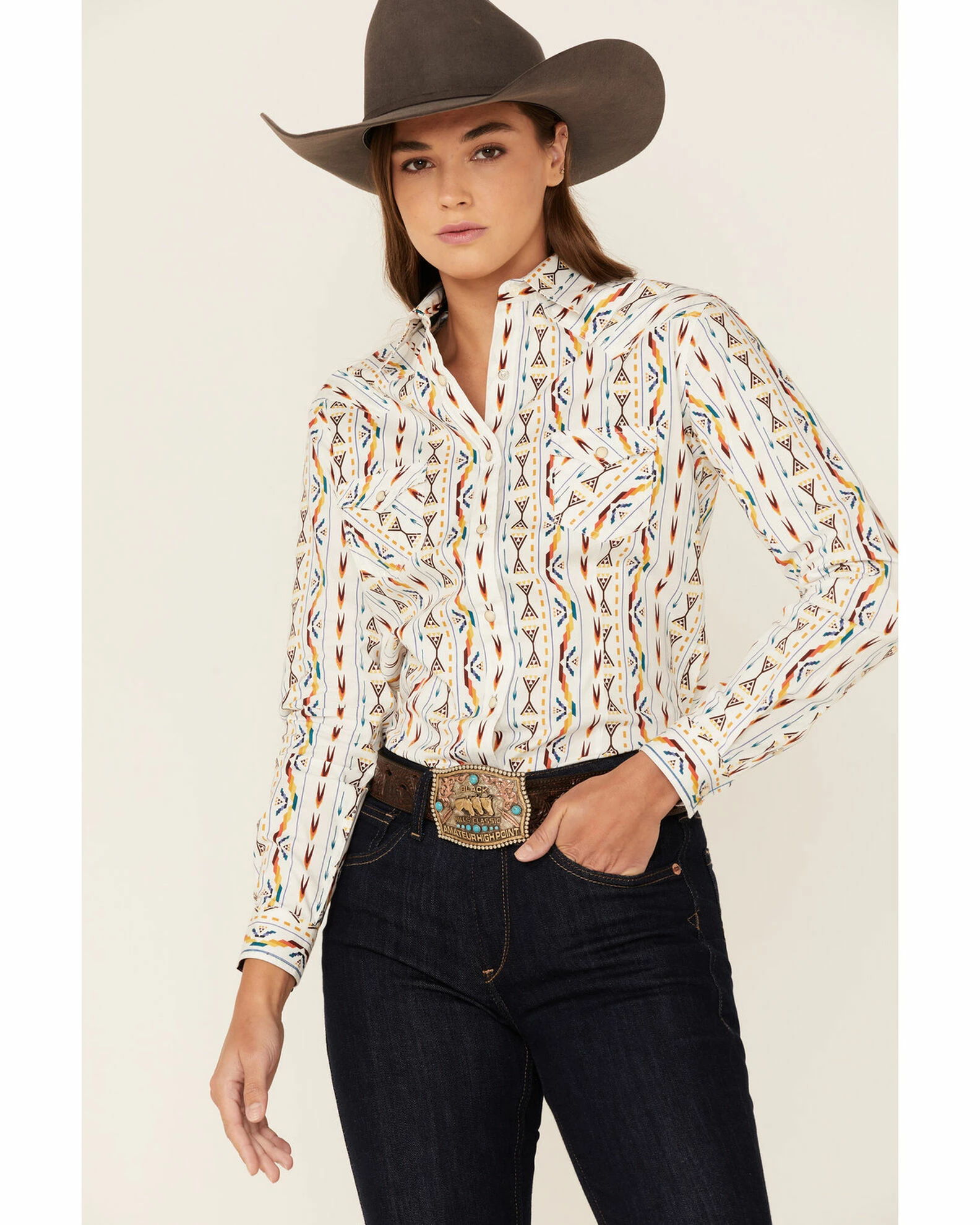 Panhandle Women's White Rainbow Woven Southwestern Snap Shirt 3 Panhandle Women's White Rainbow Woven Southwestern Snap Shirt