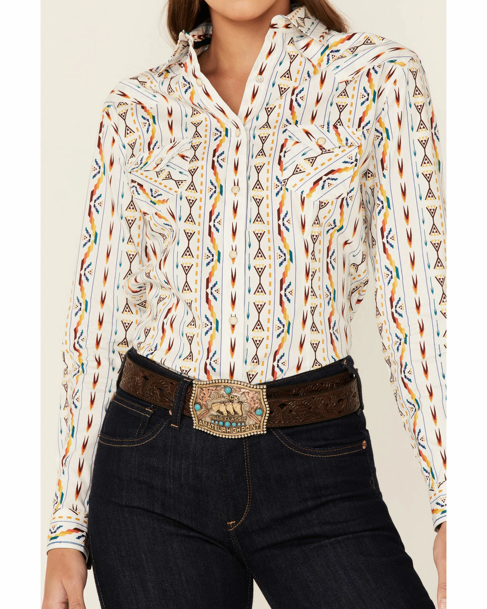 Panhandle Women's White Rainbow Woven Southwestern Snap Shirt 4 Panhandle Women's White Rainbow Woven Southwestern Snap Shirt - Image 2