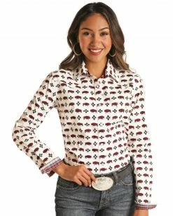 Panhandle Rock & Roll Denim Women's Southwestern Buffalo Print Western Shirt Natural