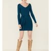 Panhandle Women's Teal Long Sleeve Ribbed Knit Mini Dress -Panhandle shop 2000350945 442 P1