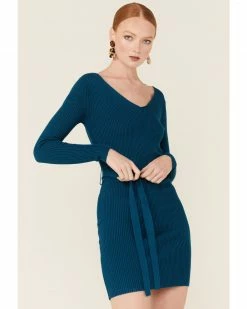 Panhandle Women's Teal Long Sleeve Ribbed Knit Mini Dress -Panhandle shop 2000350945 442 P2
