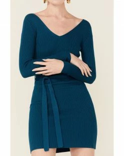 Panhandle Women's Teal Long Sleeve Ribbed Knit Mini Dress -Panhandle shop 2000350945 442 P3