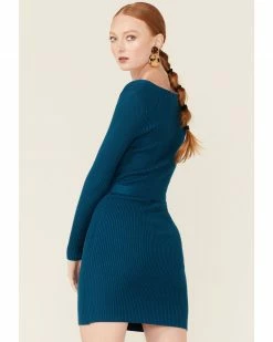 Panhandle Women's Teal Long Sleeve Ribbed Knit Mini Dress -Panhandle shop 2000350945 442 P4